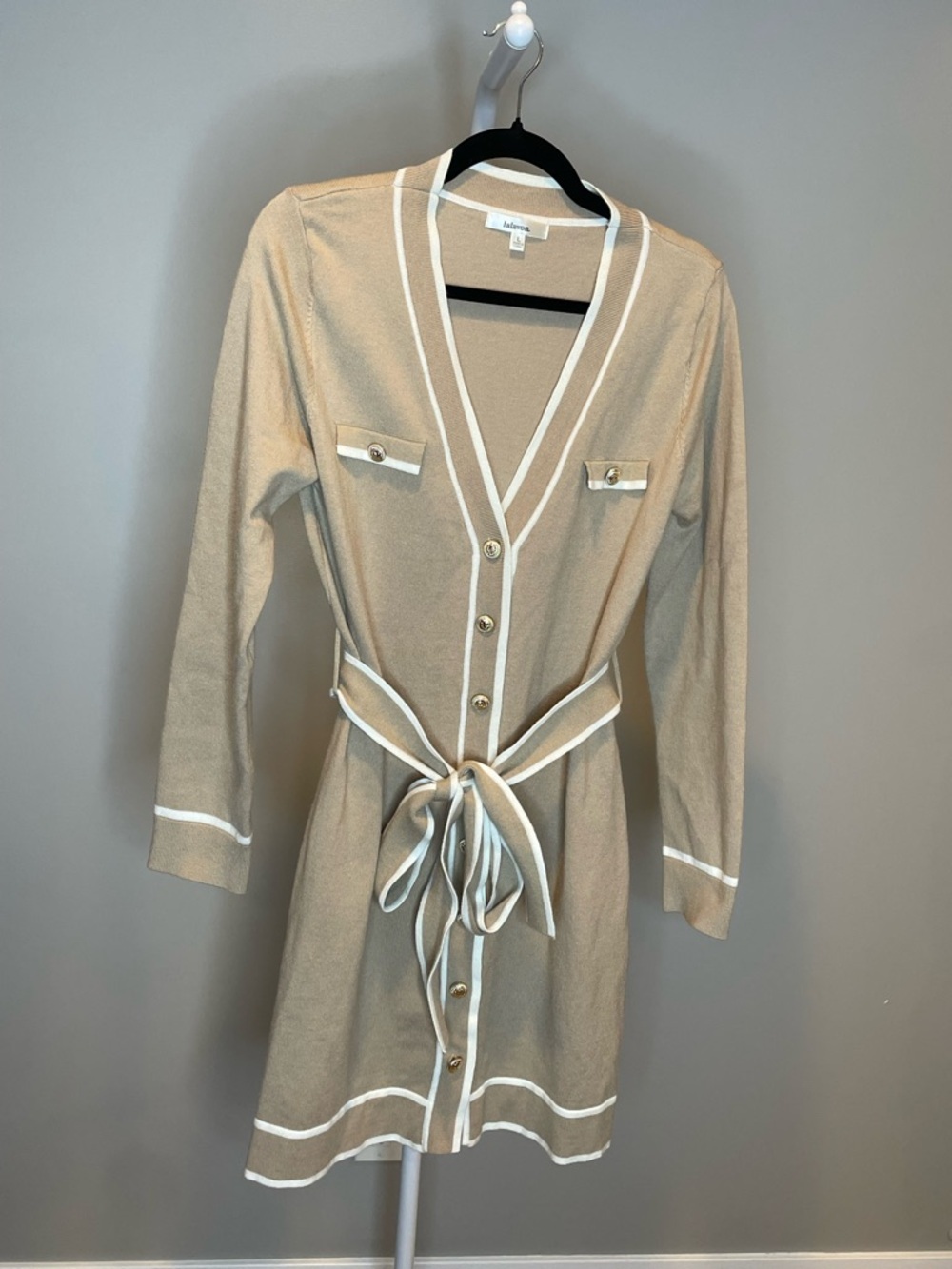 Lalavon Beige Knit Button-Front Cardigan Dress with White Trim